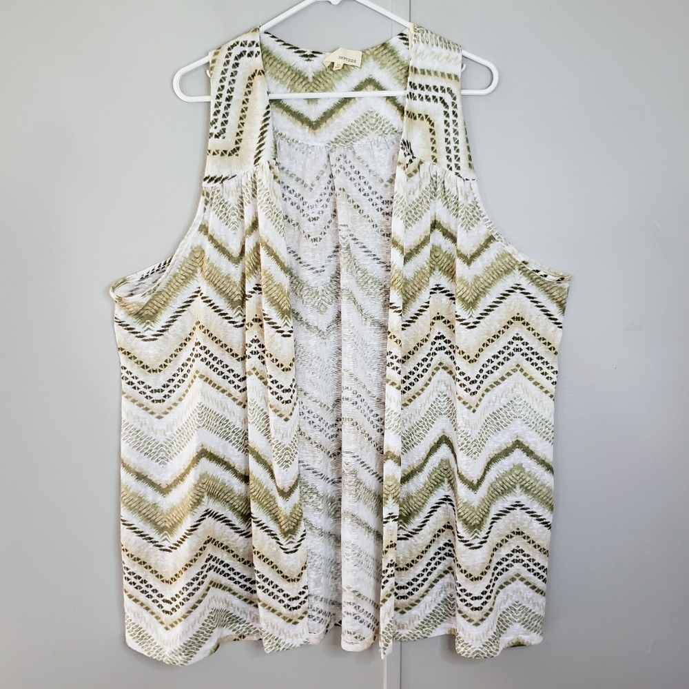 NWT Dept 222 Green Sleeveless Chevron Print Open Cardigan